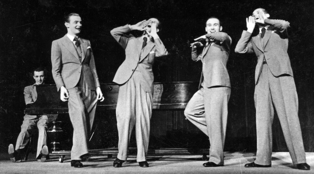 Die Humoresk Melodios in ihrer ersten Besetzung im Berliner Wintergarten, v.l.n.r.: Fried Walter, Olaf Meitzner, Herbert Imlau, Erich Bergau und Werner Rössler